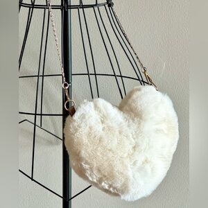 New Small Faux Fur White Heart Crossbody Shoulder Purse Bag w/ Heart Charm
